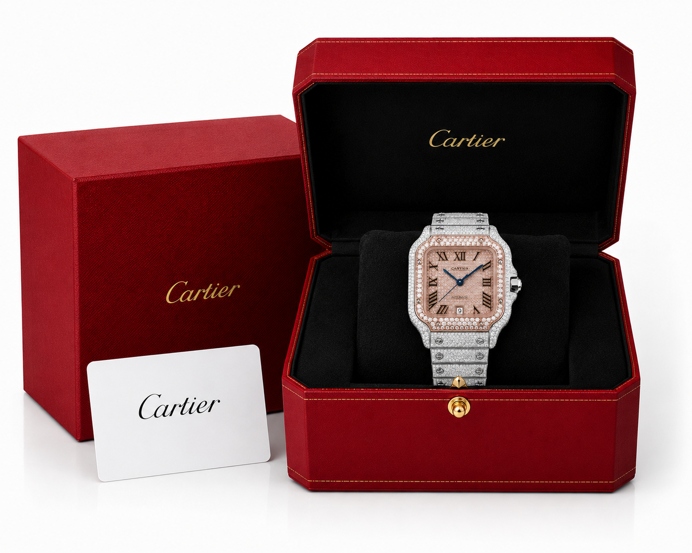 Cartier Santos Rose & White 40MM 12CTW Natural Diamond Bussdown Iced Out Mens Watch