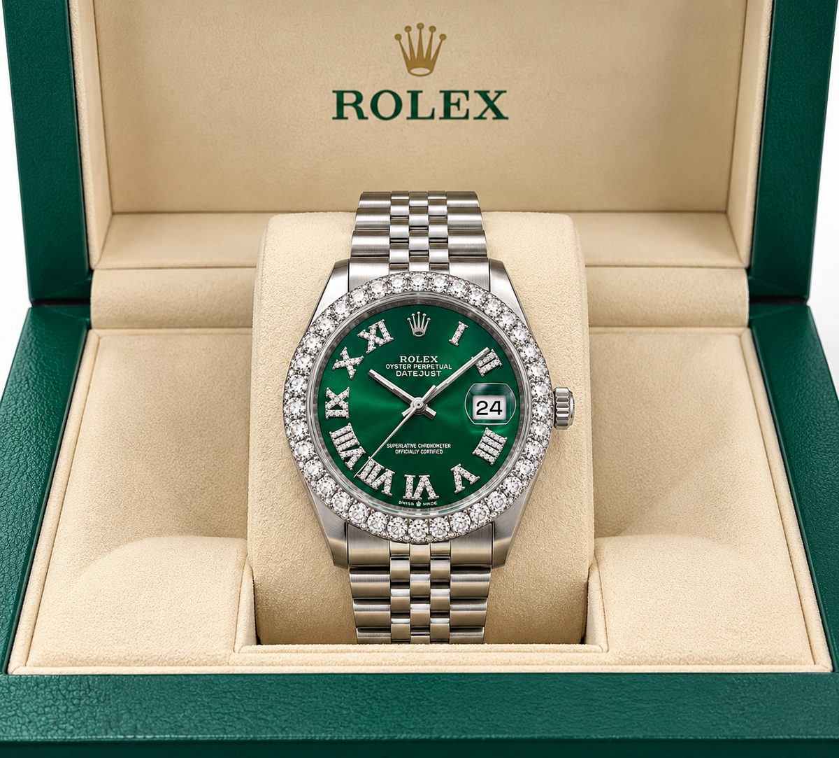 Rolex Datejust Watch | 36MM | Green Diamond Dial | Diamond Bezel Jubilee Band | 16014