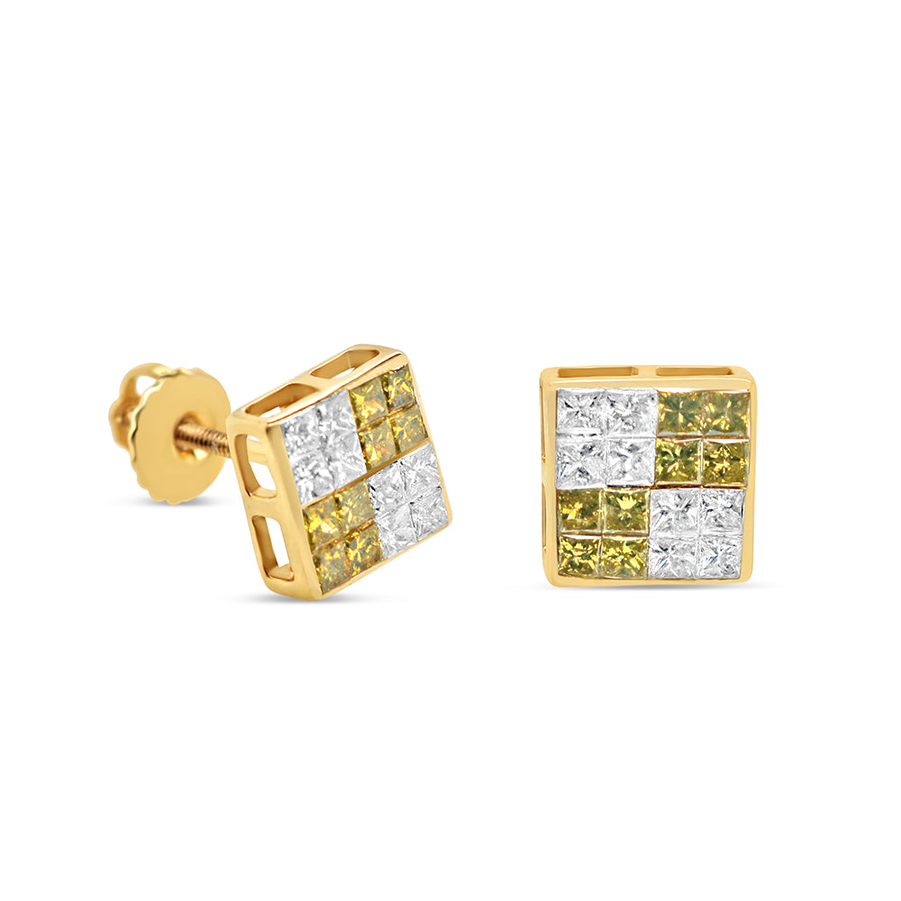 14K Yellow Gold | "4" White and Green Diamonds Square Earrings | 1.22CTW | 7.73MM