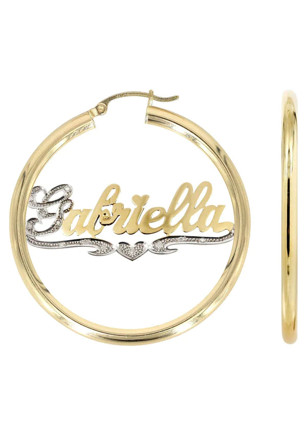 Personalized Name Plate Hoop Earrings for Ladies |14K| Two Tone | Diamond Cut with Diamonds | Size Options Available