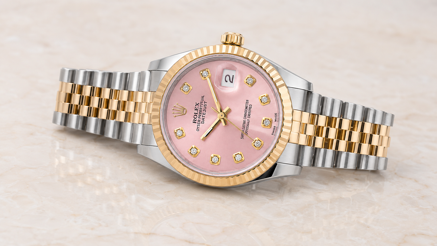 Special Rolex Datejust Watch | 36MM | Pink Dial Diamond | Jubilee Band Two Tone Diamond Bangle Diamond Earrings