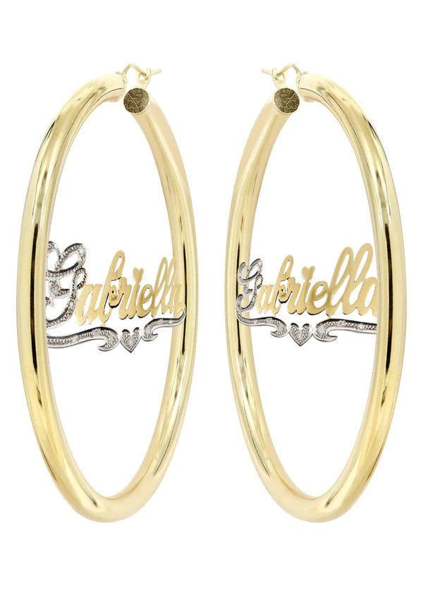 Personalized Name Plate Hoop Earrings for Ladies |14K| Two Tone | Diamond Cut with Diamonds | Size Options Available