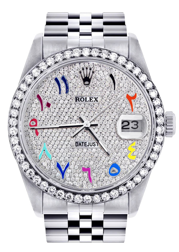 Diamond Rolex Datejust Watch 16200 | 36MM | Full Diamond Color Arabic Dial | Stainless Steel | Jubilee Band