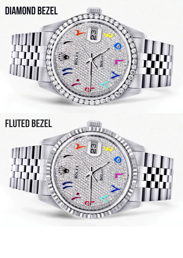 Diamond Rolex Datejust Watch 16200 | 36MM | Full Diamond Color Arabic Dial | Stainless Steel | Jubilee Band