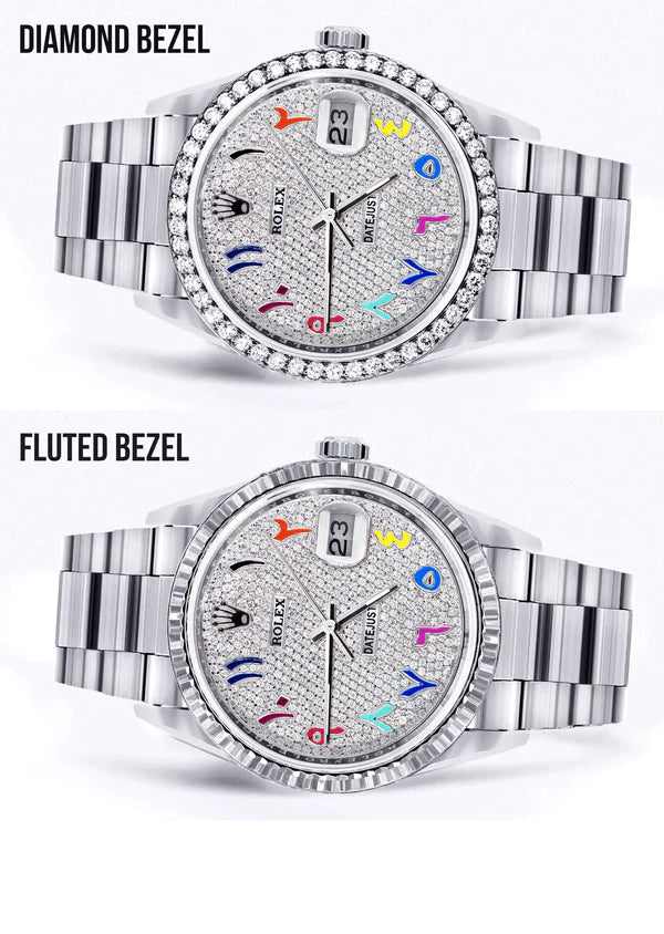 Diamond Rolex Datejust Watch 16200 | 36MM | Full Diamond Color Arabic Dial | Stainless Steel | Oyster Band