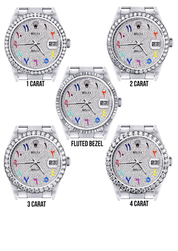 Diamond Rolex Datejust Watch 16200 | 36MM | Full Diamond Color Arabic Dial | Stainless Steel | Oyster Band