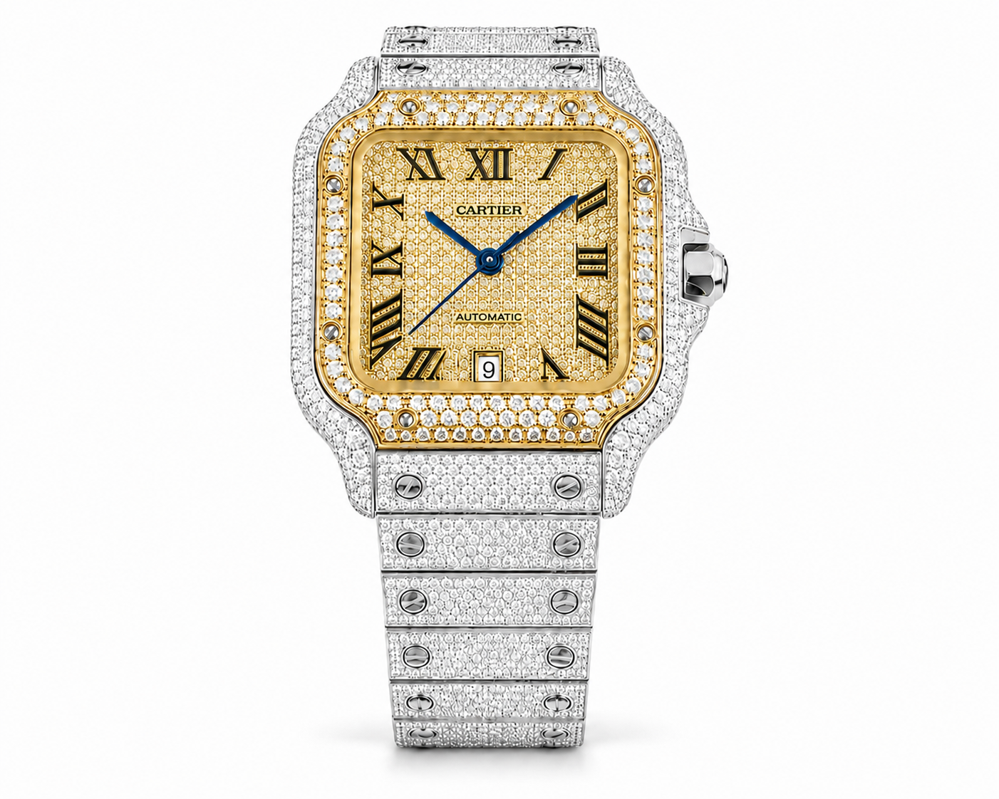 Cartier Santos Yellow & White  40MM 12CTW Natural Diamond Bussdown Iced Out Mens Watch