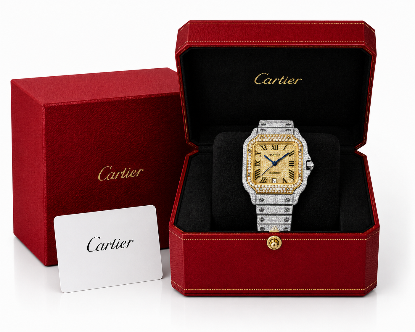 Cartier Santos Yellow & White  40MM 12CTW Natural Diamond Bussdown Iced Out Mens Watch