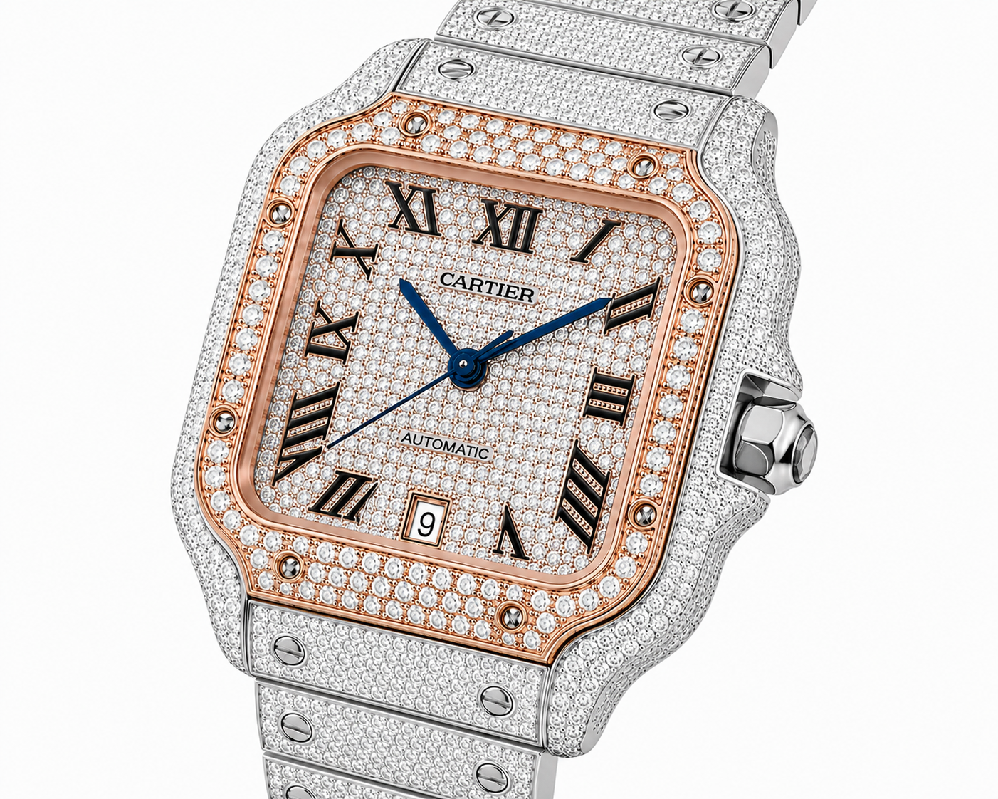Cartier Santos Rose & White  40MM 12CTW Natural Diamond Bussdown Iced Out Mens Watch
