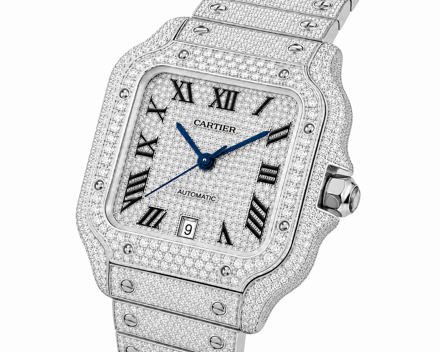 Cartier Santos White 40MM 12CTW Natural Diamond Bussdown Iced Out Mens Watch