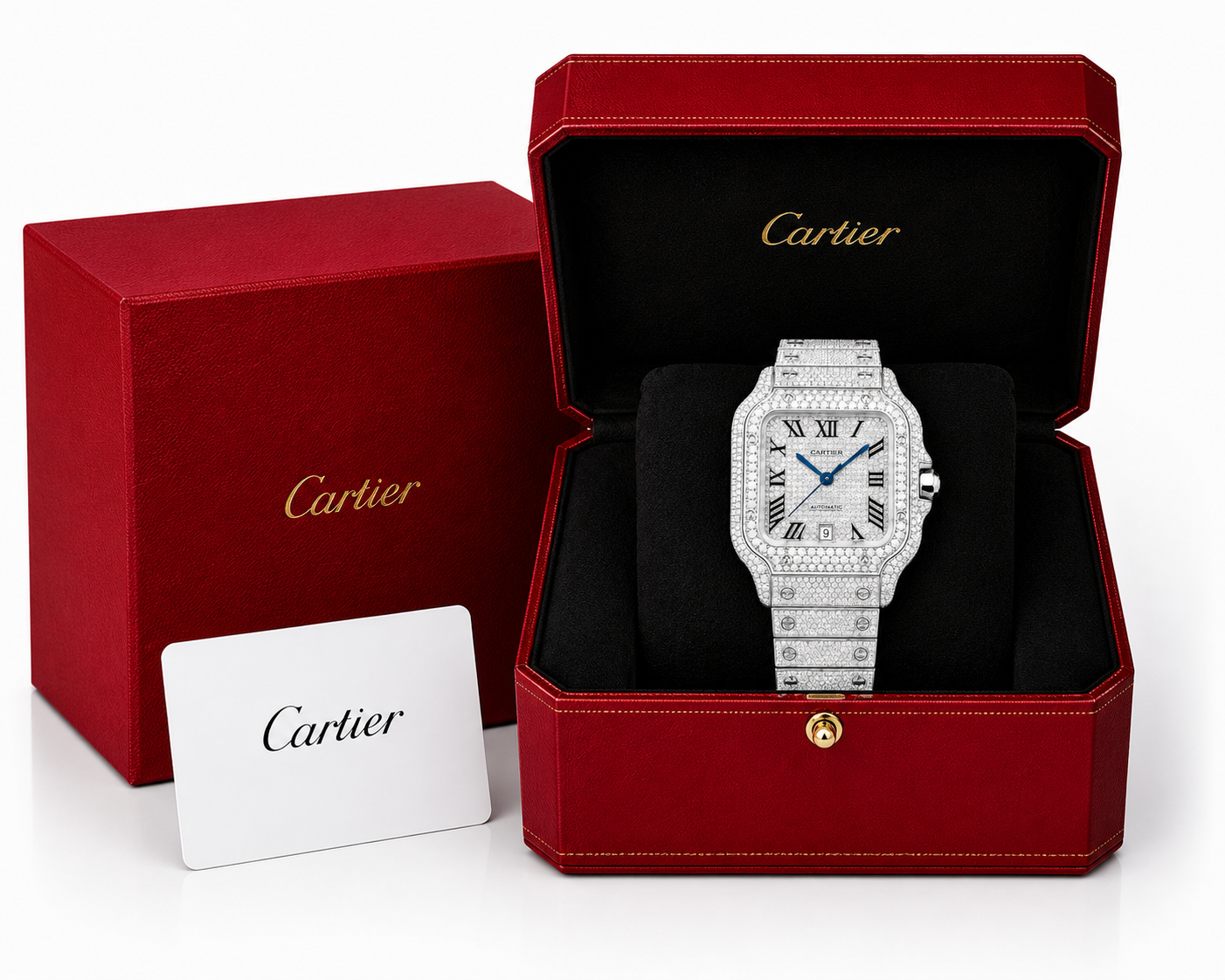 Cartier Santos White 40MM 12CTW Natural Diamond Bussdown Iced Out Mens Watch