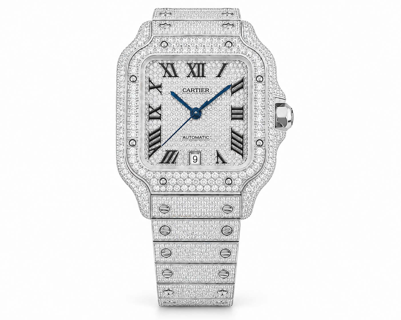 Cartier Santos White 40MM 12CTW Natural Diamond Bussdown Iced Out Mens Watch
