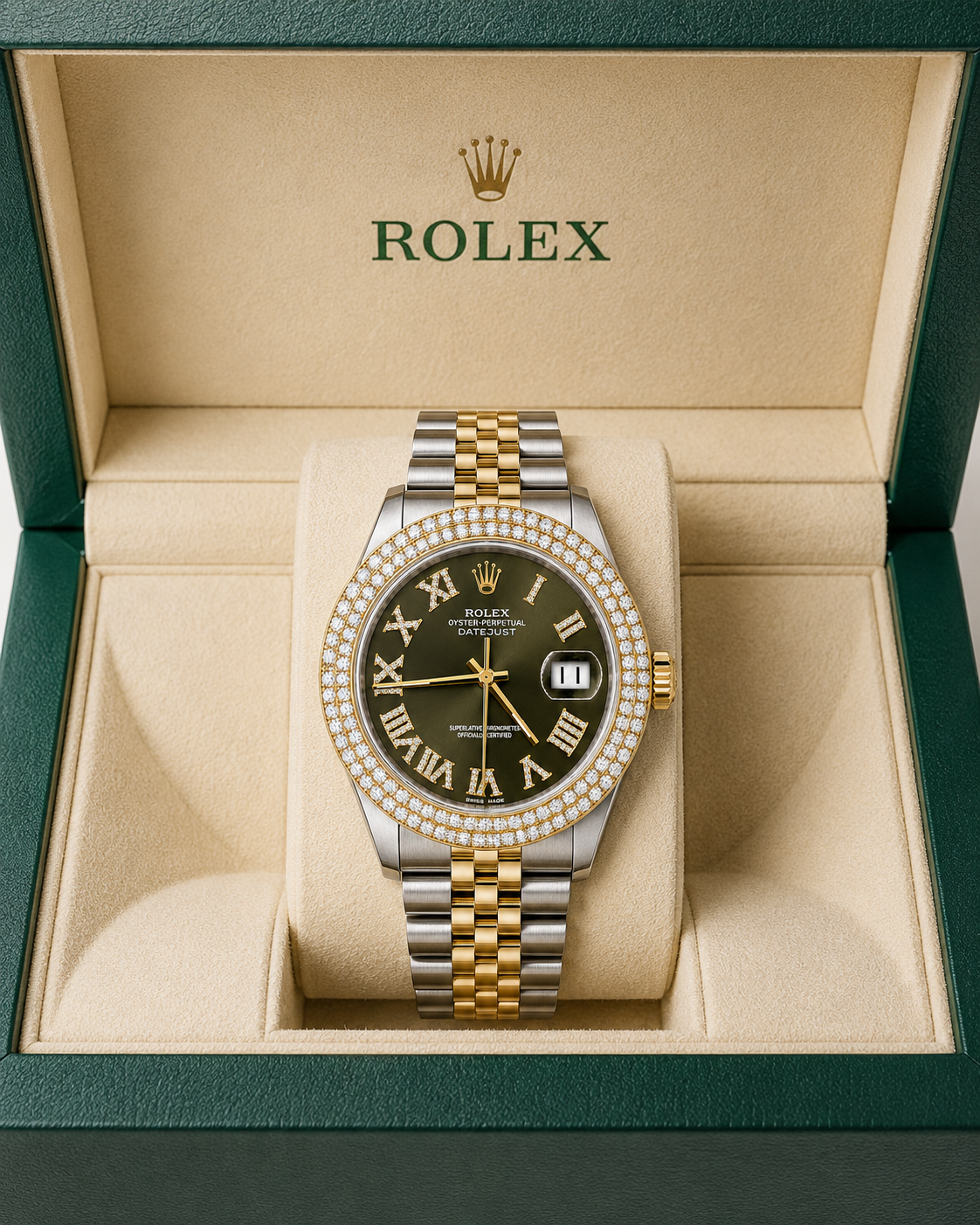Rolex Datejust Watch 16013 | 36MM |  Jubille Band Green Roman Diamond Dial | Diamond Bezel