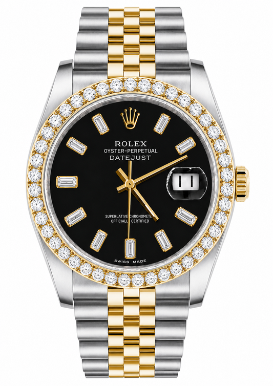 Rolex Datejust Watch 16013 | 36MM | Custom Jubille Band Black Baguette Diamond Dial | Diamond Bezel (Copy) (Copy)