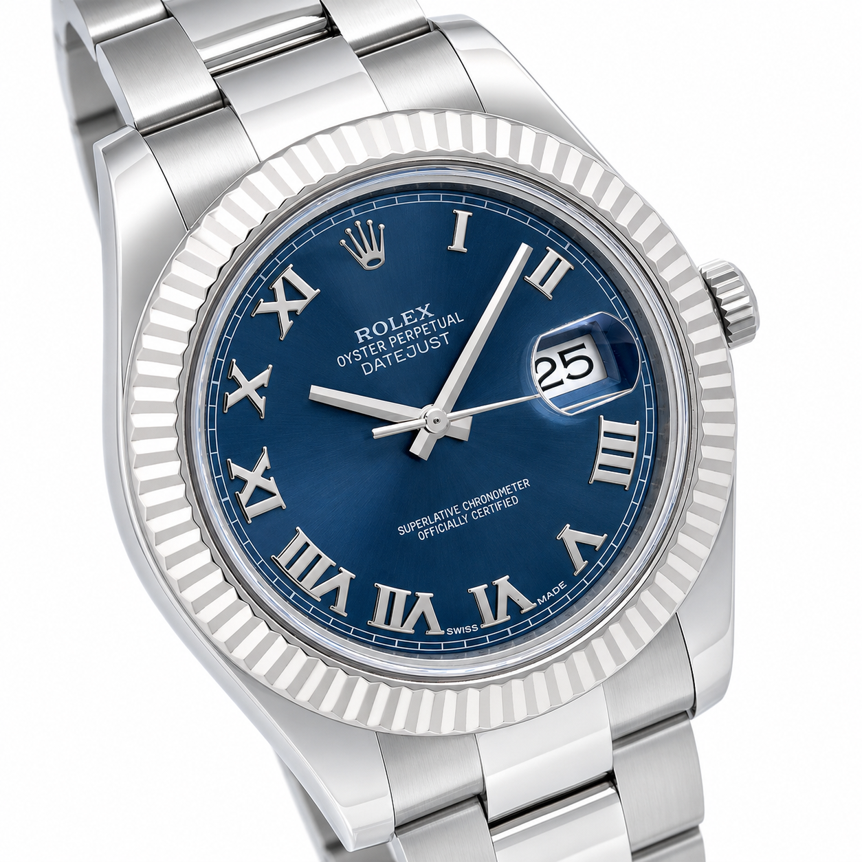 Rolex 41mm Datejust II Stainless Steel 116334 | Blue Roman Dial | Fluted Bezel | Stainless Steel Bracelet