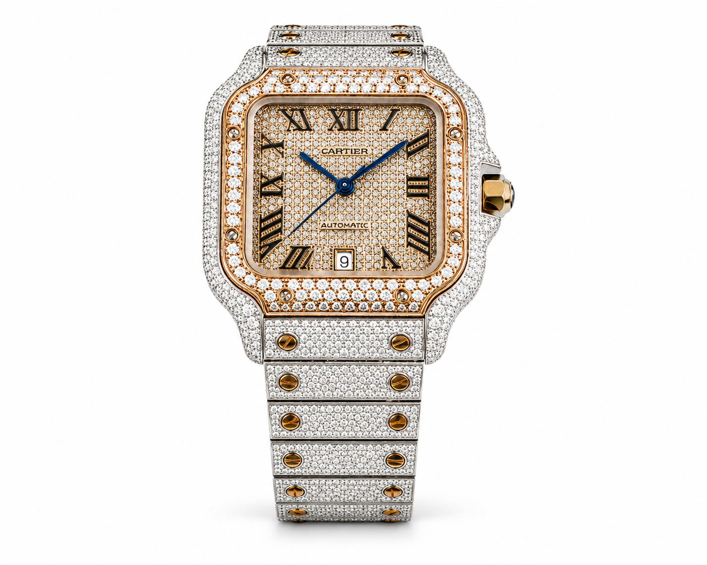Cartier Santos Rose & White  40MM 12CTW Natural Diamond Bussdown Iced Out Mens Watch