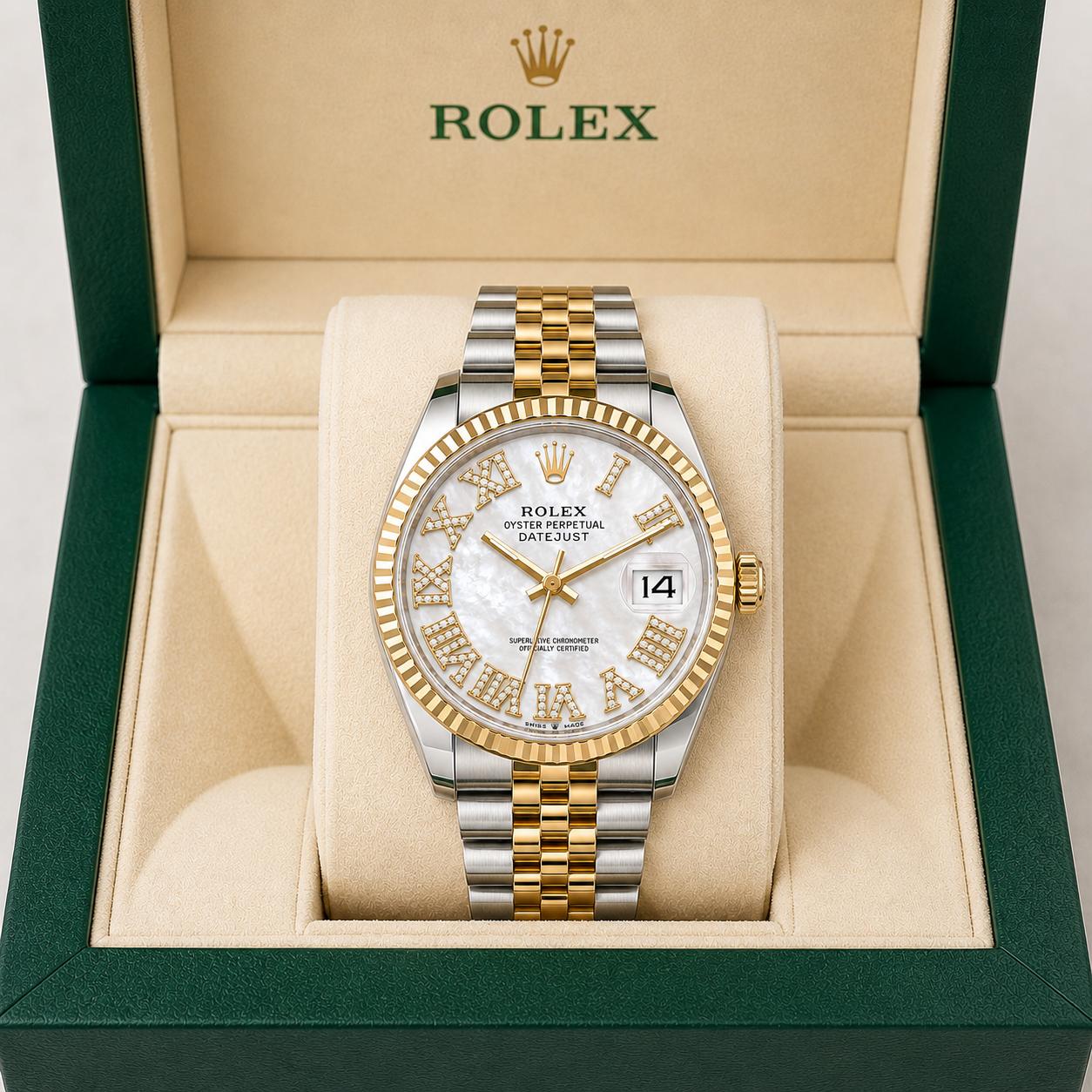 Rolex Datejust | 36MM |  Roman White Mop Diamond Dial | Two Tone |  Jubilee Band 16013