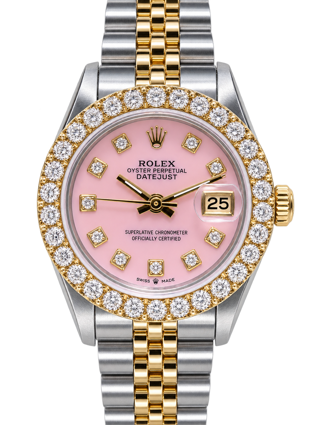 Diamond Rolex Datejust Watch for Women  | 1 Carat Bezel | 26MM | Pink Mop Diamond Dial | Jubilee Band