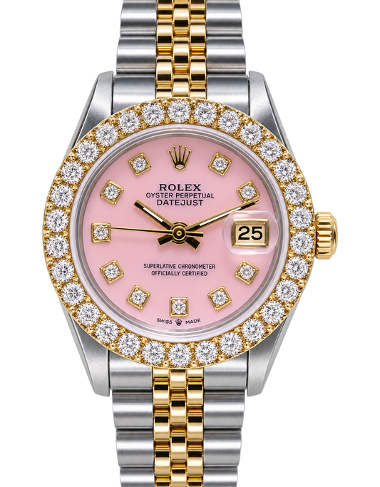 Diamond Rolex Datejust Watch for Women  | 1 Carat Bezel | 26MM | Pink Mop Diamond Dial | Jubilee Band