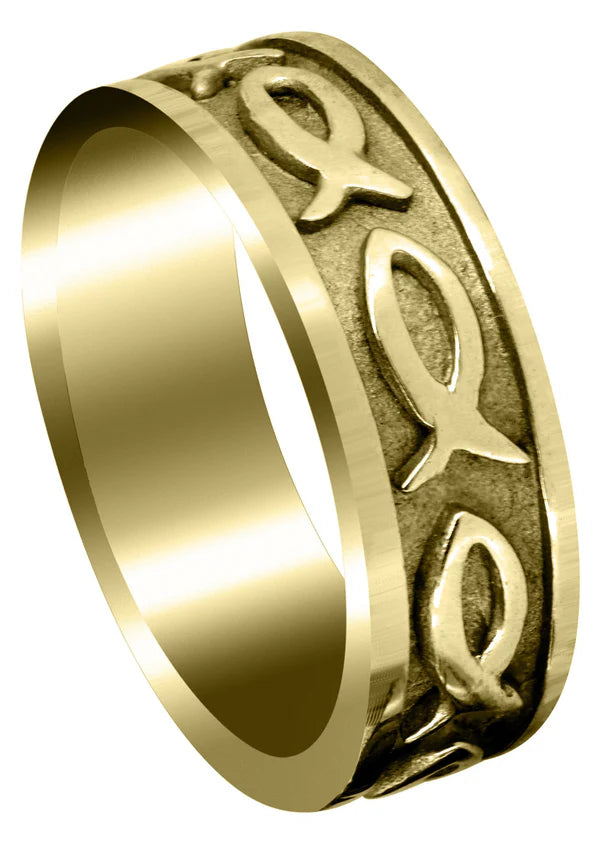 Mens Religious Wedding Band Ring | 14K/18K Solid Yellow Gold | Sand Blast / High Polish Finish (Mark)