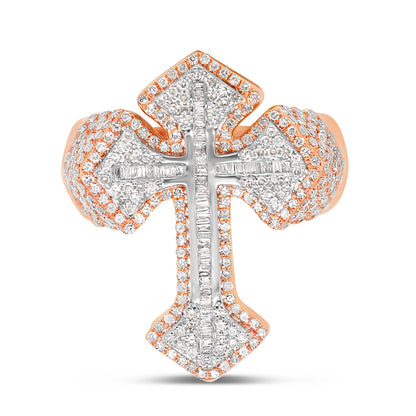 Mens Gold Round and Baguette Diamond Cross Ring | 10K | 1.48 CTW