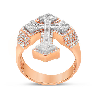 Mens Gold Round and Baguette Diamond Cross Ring | 10K | 1.48 CTW