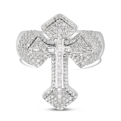 Mens Gold Round and Baguette Diamond Cross Ring | 10K | 1.48 CTW