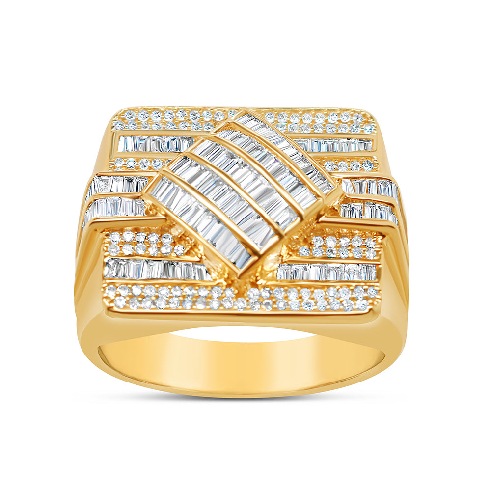 Mens Gold Round and Baguette Diamond Square Pinky Ring | 14K Yellow Gold | 1.16CTW