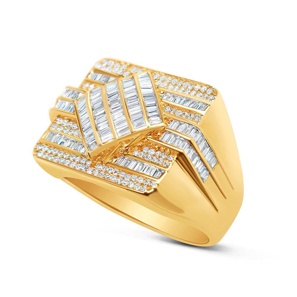 Mens Gold Round and Baguette Diamond Square Pinky Ring | 14K Yellow Gold | 1.16CTW