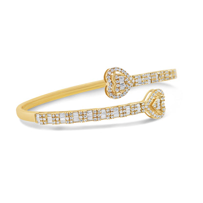 10K Gold 1.55CT Baguette and Round Diamond Heart Eternity Bangle