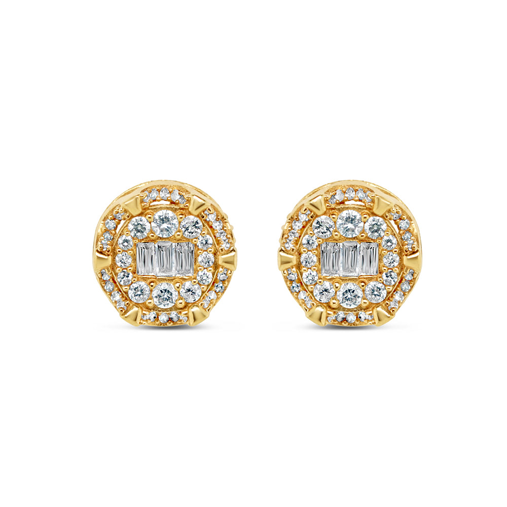 14K Yellow Gold | Round and Baguette Diamond Round Earrings | 0.76CTW | 10.7MM