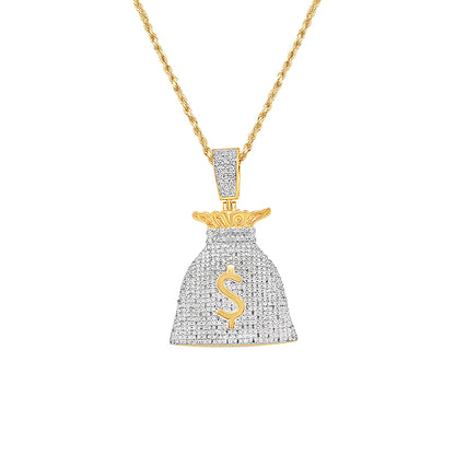 Money Bag Pendant with Necklace | 10K Yellow Gold | 27.09MM| .55CT
