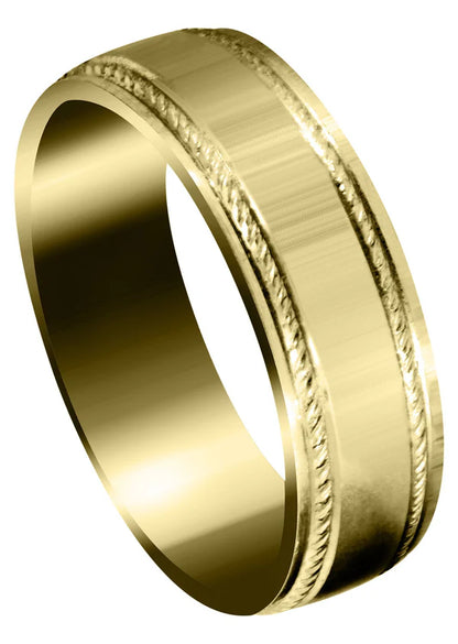 Mens Carved Simple Wedding Band Ring | 14K/18K Solid Yellow Gold | Wire Matt Finish (Brayden)