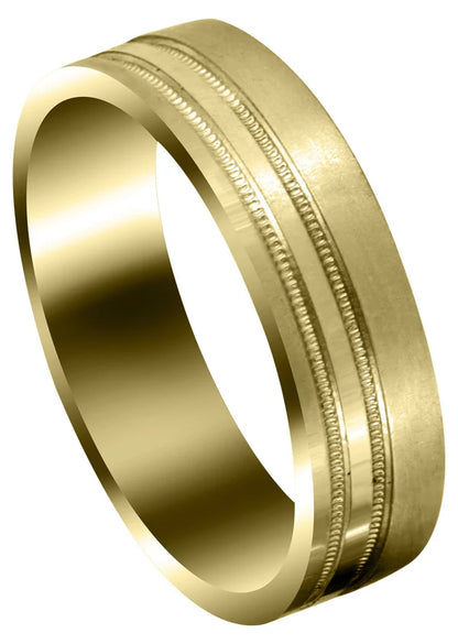 Mens Carved Simple Wedding Band Ring | 14K/18K Solid Yellow Gold | Satin Finish (Alexander)