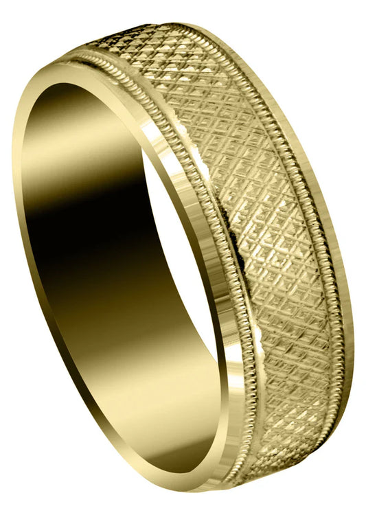 Mens Fancy Carved Contemporary Wedding Band Ring | 14K/18K Solid Yellow Gold | Diamond Cut Finish (Christopher)