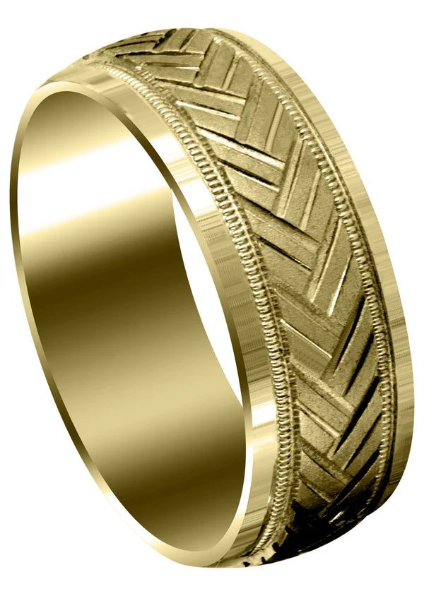 Mens Fancy Carved Contemporary Wedding Band Ring | 14K/18K Solid Yellow Gold | High Polish Finish (Hunter)