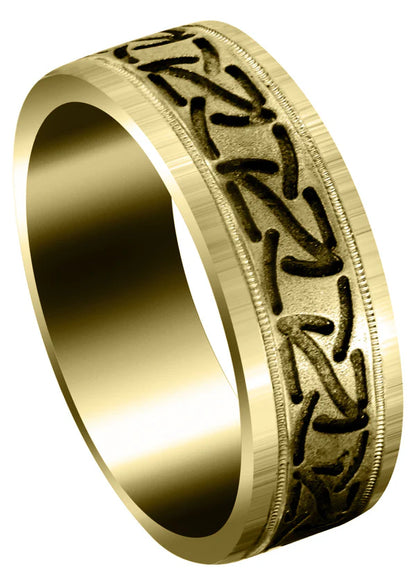 Mens Fancy Carved Contemporary Wedding Band Ring | 14K/18K Solid Yellow Gold | High Polish Finish (John)