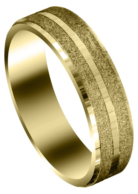 Mens Carved Simple Wedding Band Ring | 14K/18K Solid Yellow Gold | Stone Finish (Kayden)