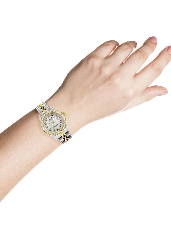 Womens Diamond Gold Rolex Watch | 1 Carat Bezel | 26Mm | Mother of Pearl Dial | Jubilee Band