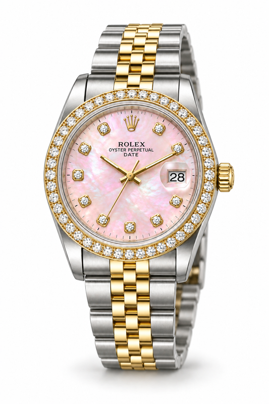 Rolex Date Watch 15053 |34mm| Jubille Band Pink Mop Dial | Diamond Bezel 1.50Ct