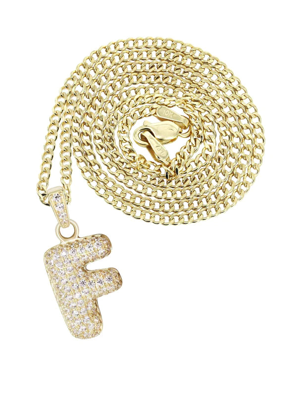 10K Yellow Gold Bubble Letter "F" CZ Necklace | Appx. 4.1 Grams