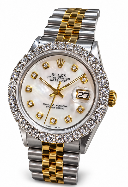 Rolex Datejust Watch 1601 | 36MM | Jubille Band Mop Diamond Dial | Diamond Bezel Diamond + Diamond Tennis Bracelet + Earrings