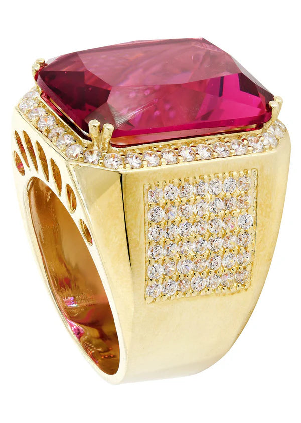 Mens Gold Round Diamond Ruby Pinky Ring | 10K Solid Yellow Gold