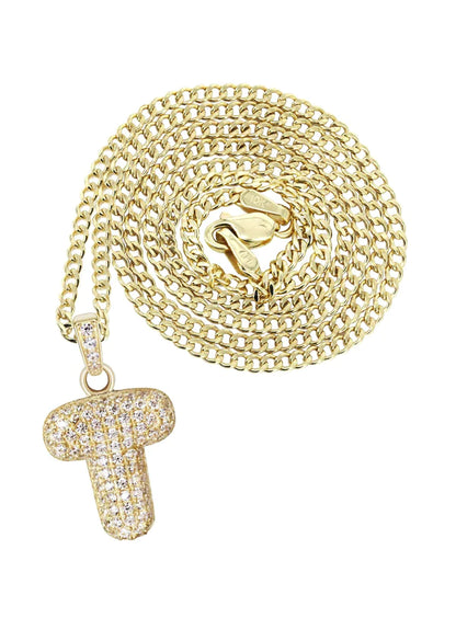 10K Yellow Gold Bubble Letter "T" CZ Necklace | Appx. 4 Grams